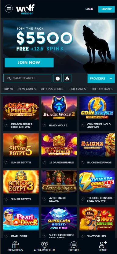 Wolf Winner home screen on a phone with category tabs and the games grid