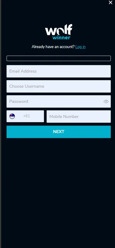 Wolf Winner registration form on a phone, with the Australian country code preselected