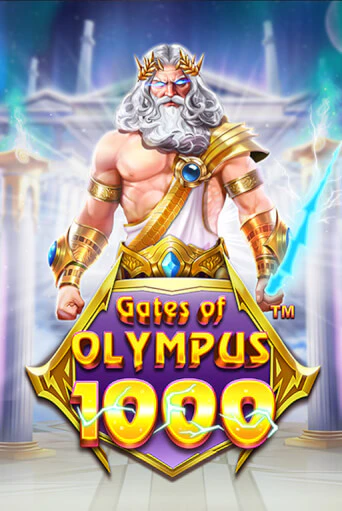 Gates of Olympus 1000 tile: the thunder god standing over the golden badge of the game logo