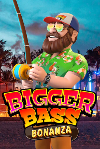 Bigger Bass Bonanza tile: a bearded angler in a floral shirt casting on a neon-lit beach at night