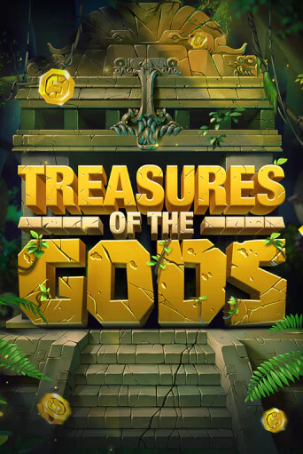 Treasures of the Gods tile: a stone temple staircase strewn with gold coins under a carved logo